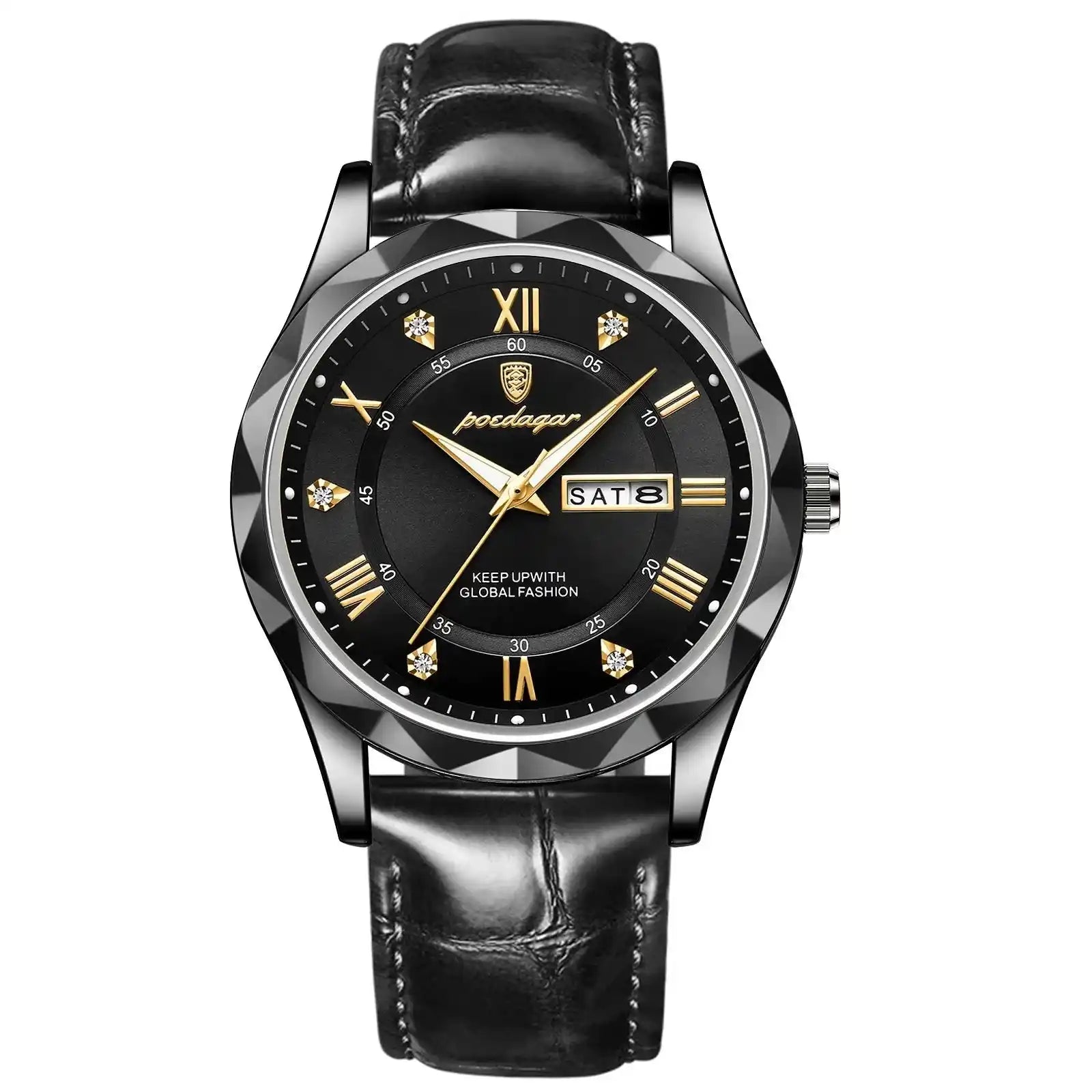 Luksusowy zegarek kwarcowy ze skórzanym czarnym paskiem