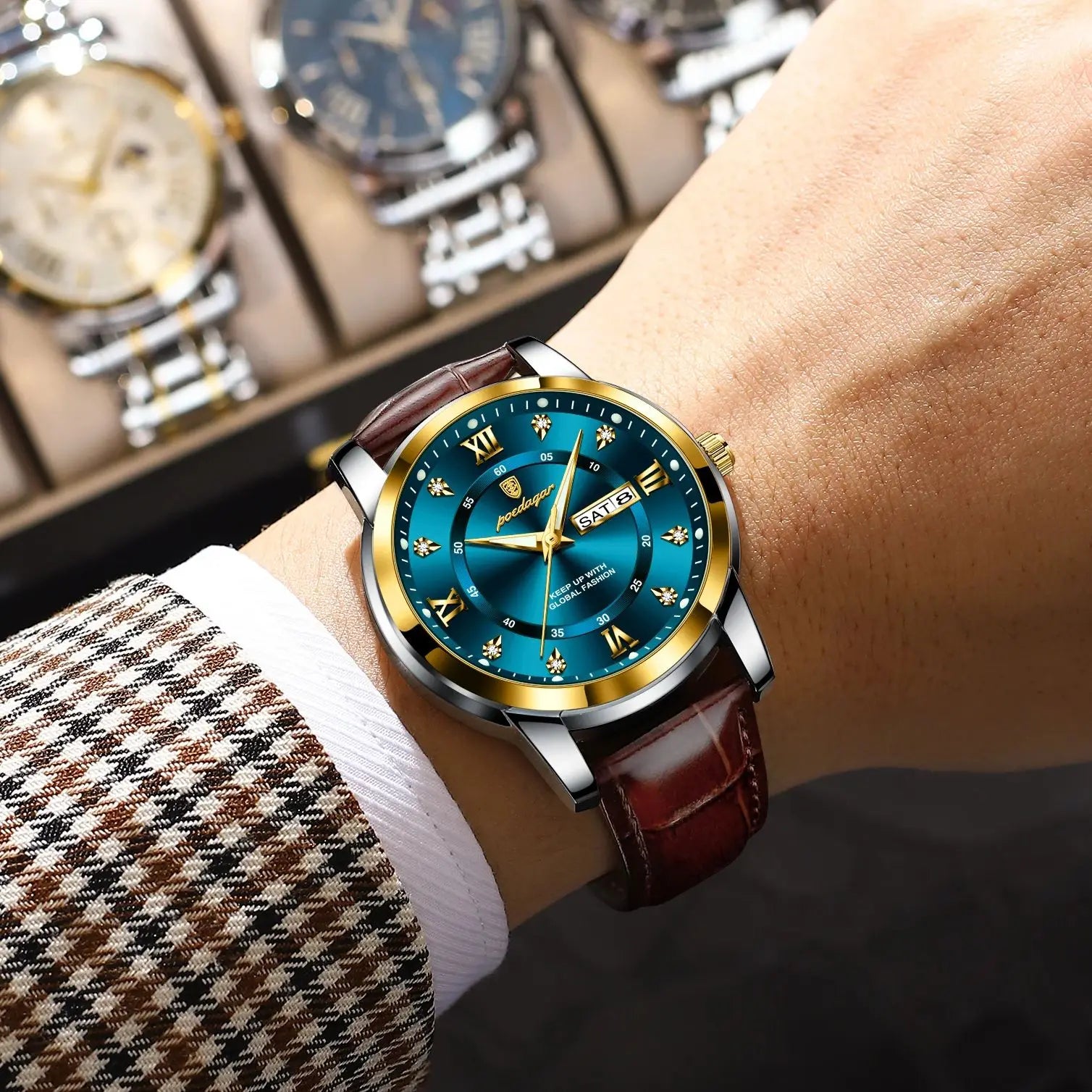 Męski elegancki zegarek z brązowym paskiem