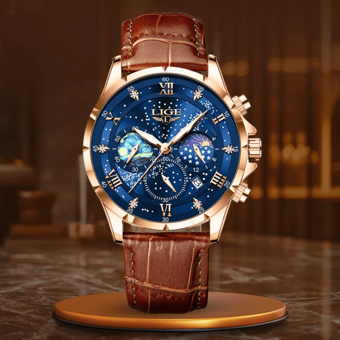 Elegancki zegarek z fazami księżyca