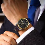 Luksusowy zegarek kwarcowy ze skórzanym brązowym paskiem