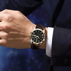 Luksusowy zegarek kwarcowy ze skórzanym brązowym paskiem - calixus