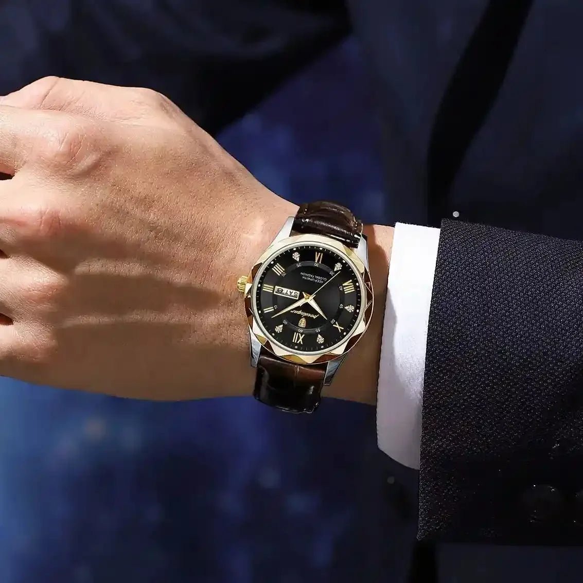 Luksusowy zegarek kwarcowy ze skórzanym brązowym paskiem - calixus