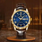 Luksusowy zegarek kwarcowy ze skórzanym brązowym paskiem - calixus