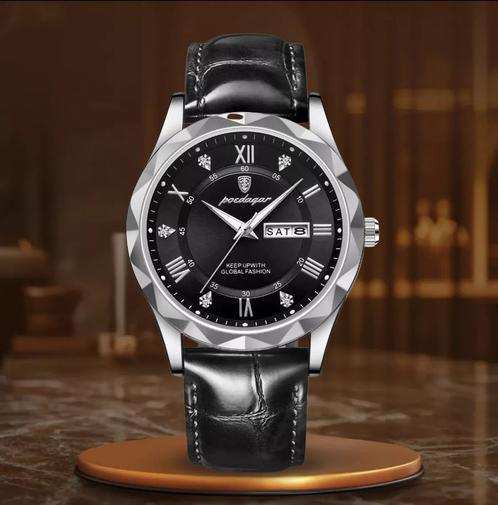 Luksusowy zegarek kwarcowy ze skórzanym czarnym paskiem - calixus