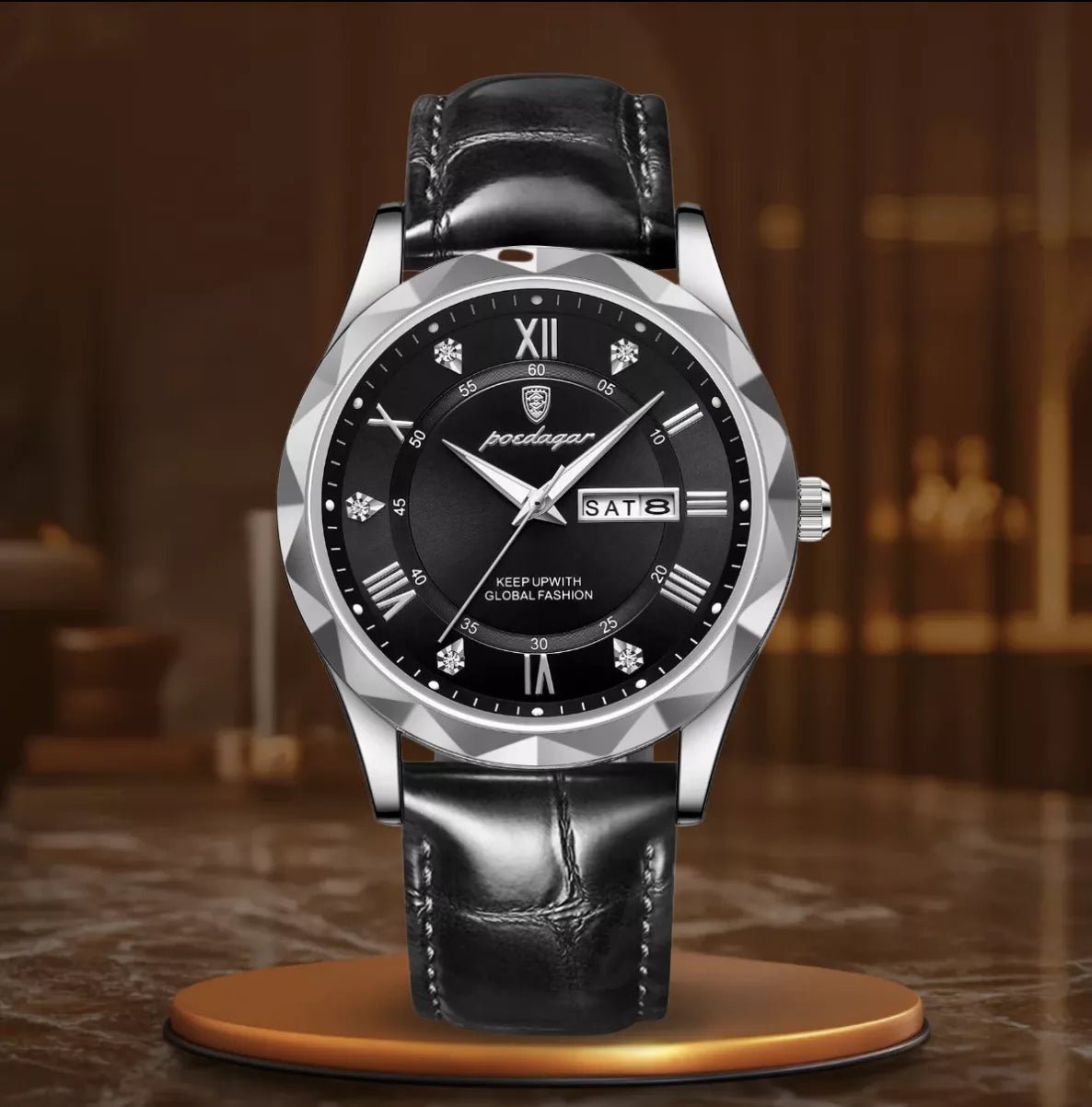 Luksusowy zegarek kwarcowy ze skórzanym czarnym paskiem - calixus