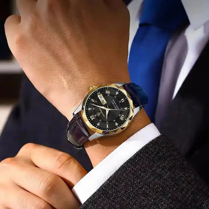 Luksusowy zegarek kwarcowy ze skórzanym czarnym paskiem - calixus