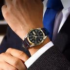 Luksusowy zegarek kwarcowy ze skórzanym czarnym paskiem - calixus