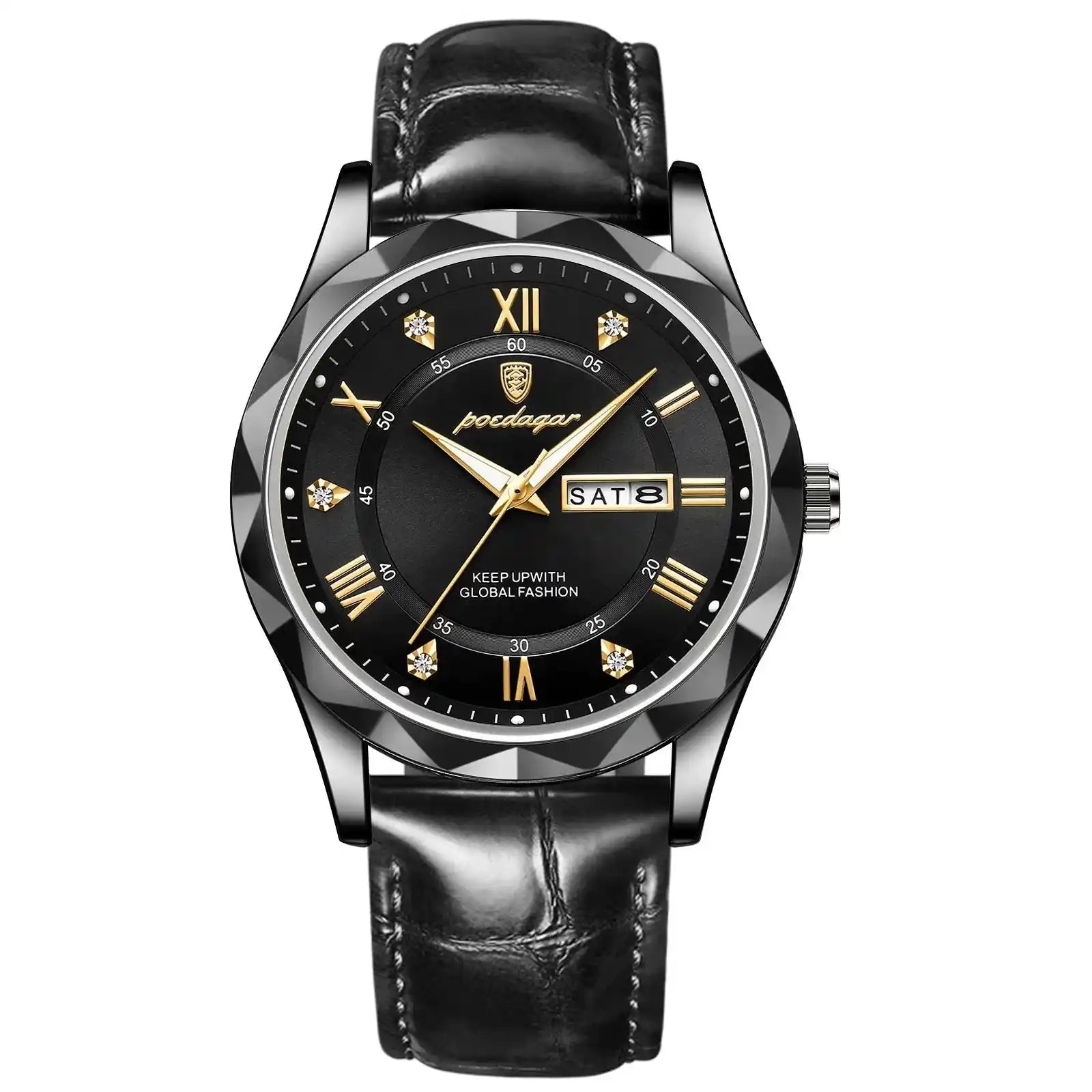 Luksusowy zegarek kwarcowy ze skórzanym czarnym paskiem - calixus