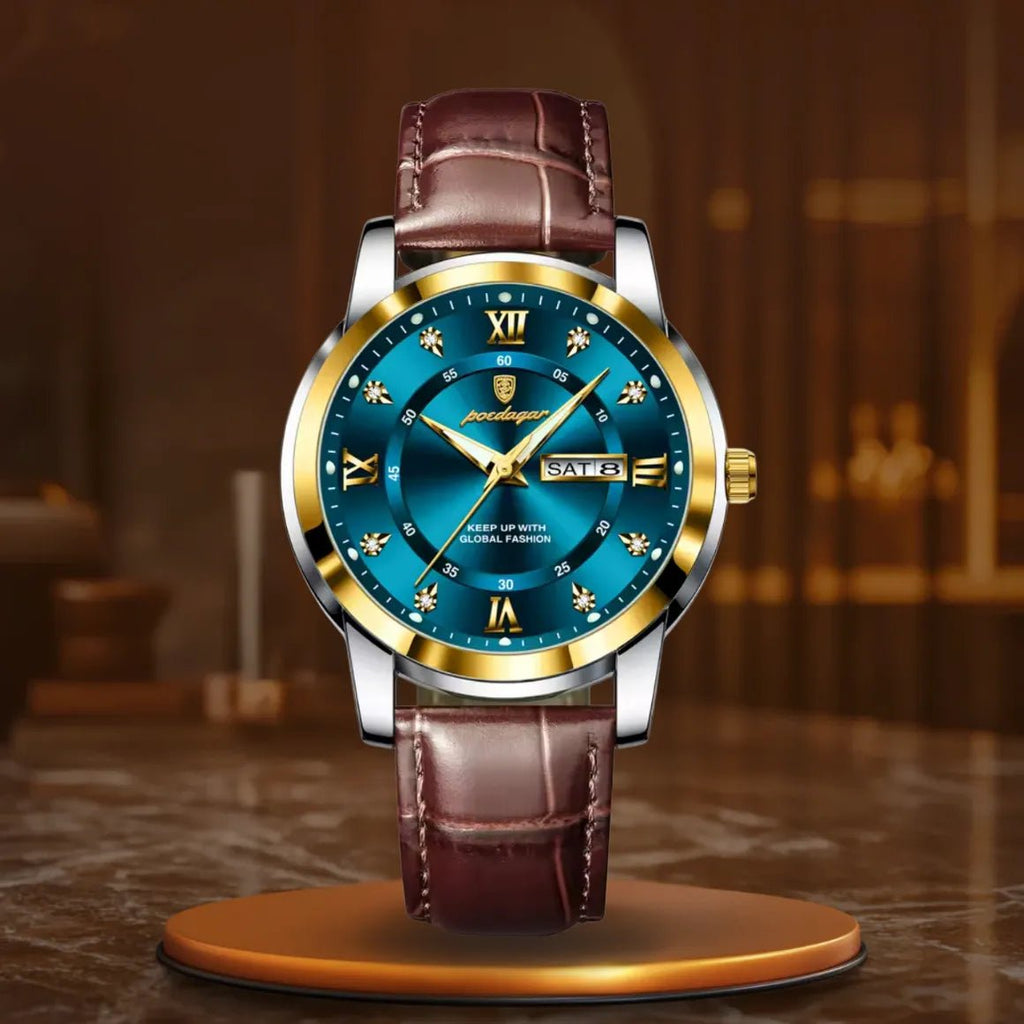 Męski elegancki zegarek z brązowym paskiem - calixus