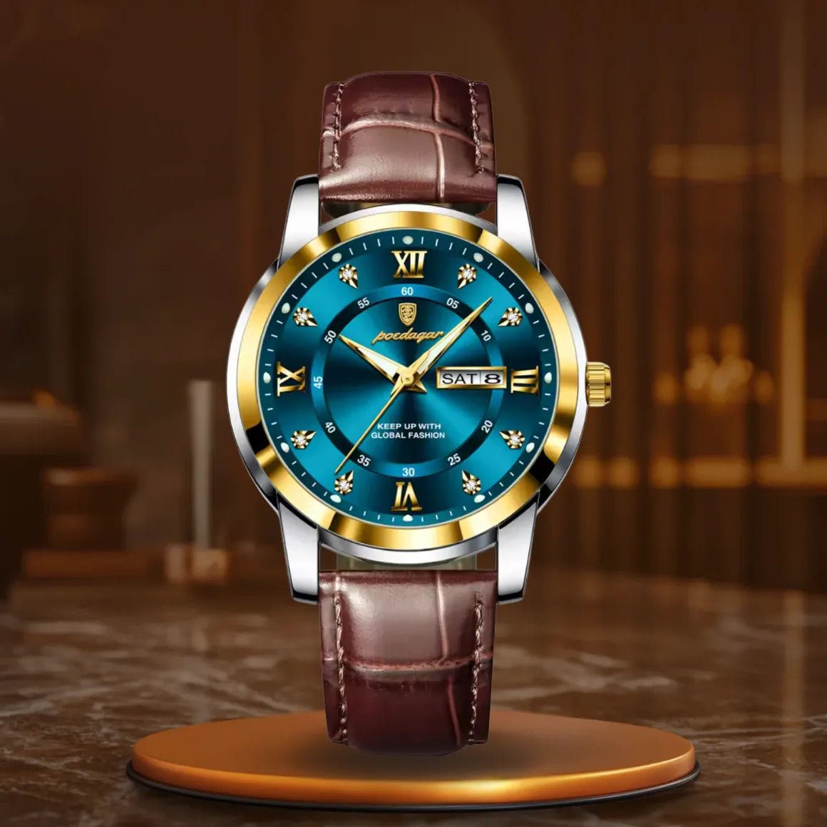 Męski elegancki zegarek z brązowym paskiem - calixus