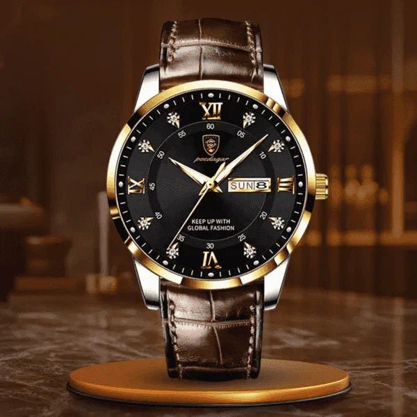 Męski zegarek z brązowym paskiem - calixus