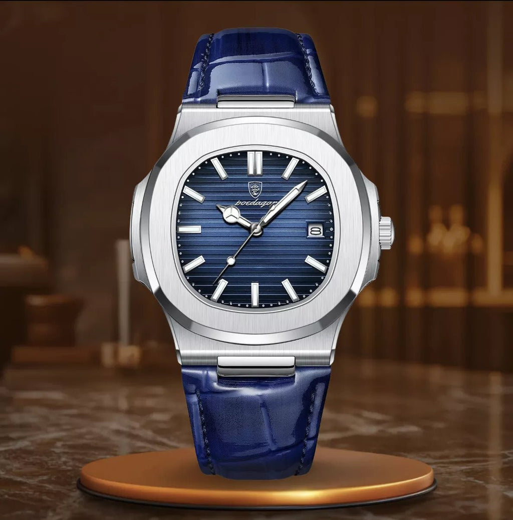 Zegarek męski ze skórzanym niebieskim paskiem - calixus