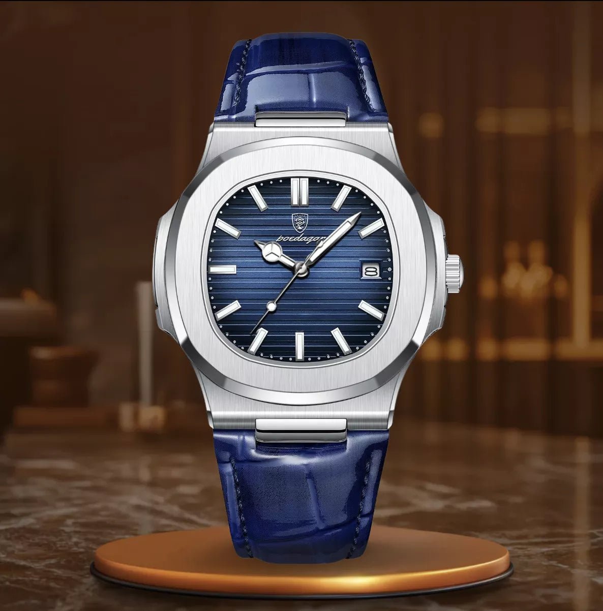 Zegarek męski ze skórzanym niebieskim paskiem - calixus